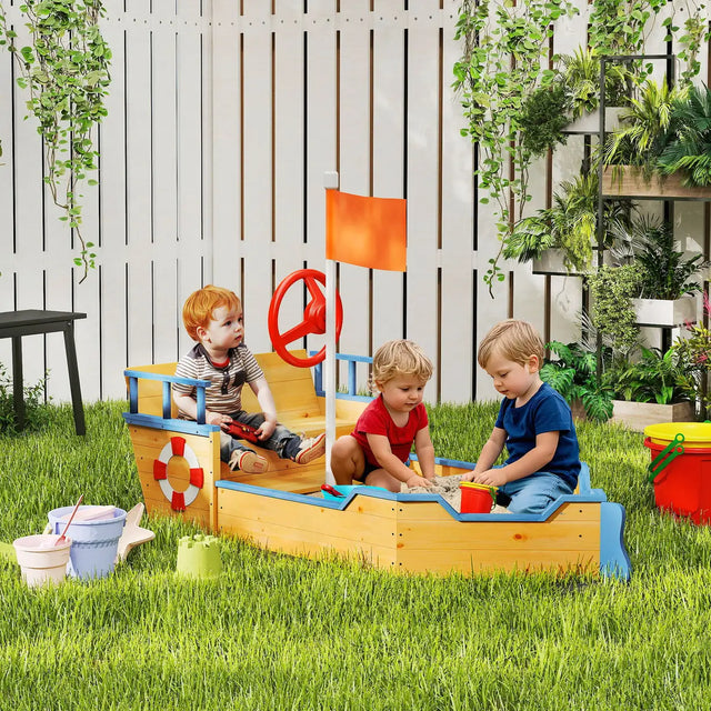 Outsunny Sand pit Kids Children Sandpit Wooden Pirate Ship Sandboat Outdoor Backyard Playset w/Bench Bottom Liner