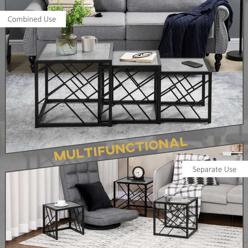 HOMCOM Nesting Coffee Tables, Set of 3 Square Side Tables with Black Metal Frame, for Living Room, Bedroom and Office, Grey