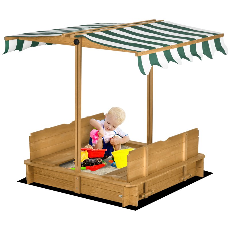 Outsunny Wooden Sandpit with Adjustable Canopy Light Brown