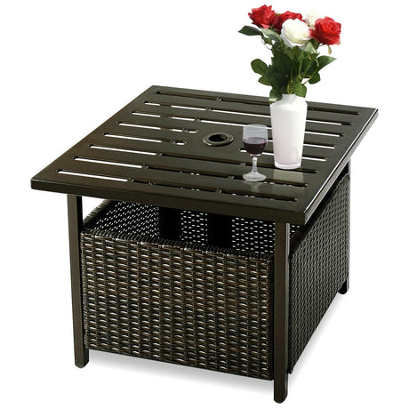 Rattan Coffee Table with Umbrella Hole & Metal Tabletop for Outdoor