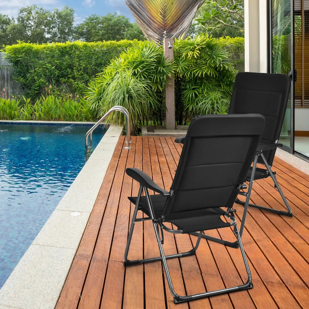 2 Pieces Outdoor Folding Patio Chairs with Adjustable Backrests for Bistro and Backyard-Black