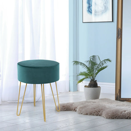 Round Velvet Ottoman Footrest Table Dressing Chair with Metal Legs-Green