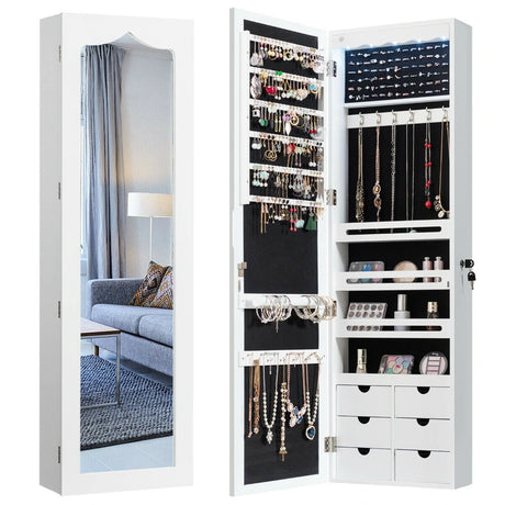 5 LEDs Lockable Mirror Jewelry Cabinet Armoire with 6 Drawers-White