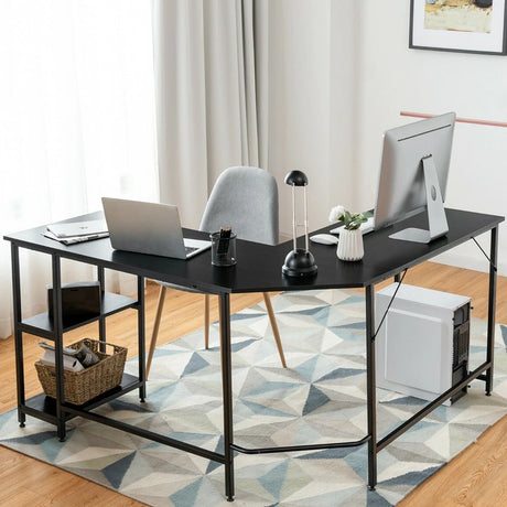 L-Shaped Corner Computer Desk with 2-Tier Storage Shelf-Black