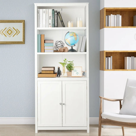 3-Shelf Bookcase with Double Doors &amp; Adjustable Shelves &amp; Cabinet-White