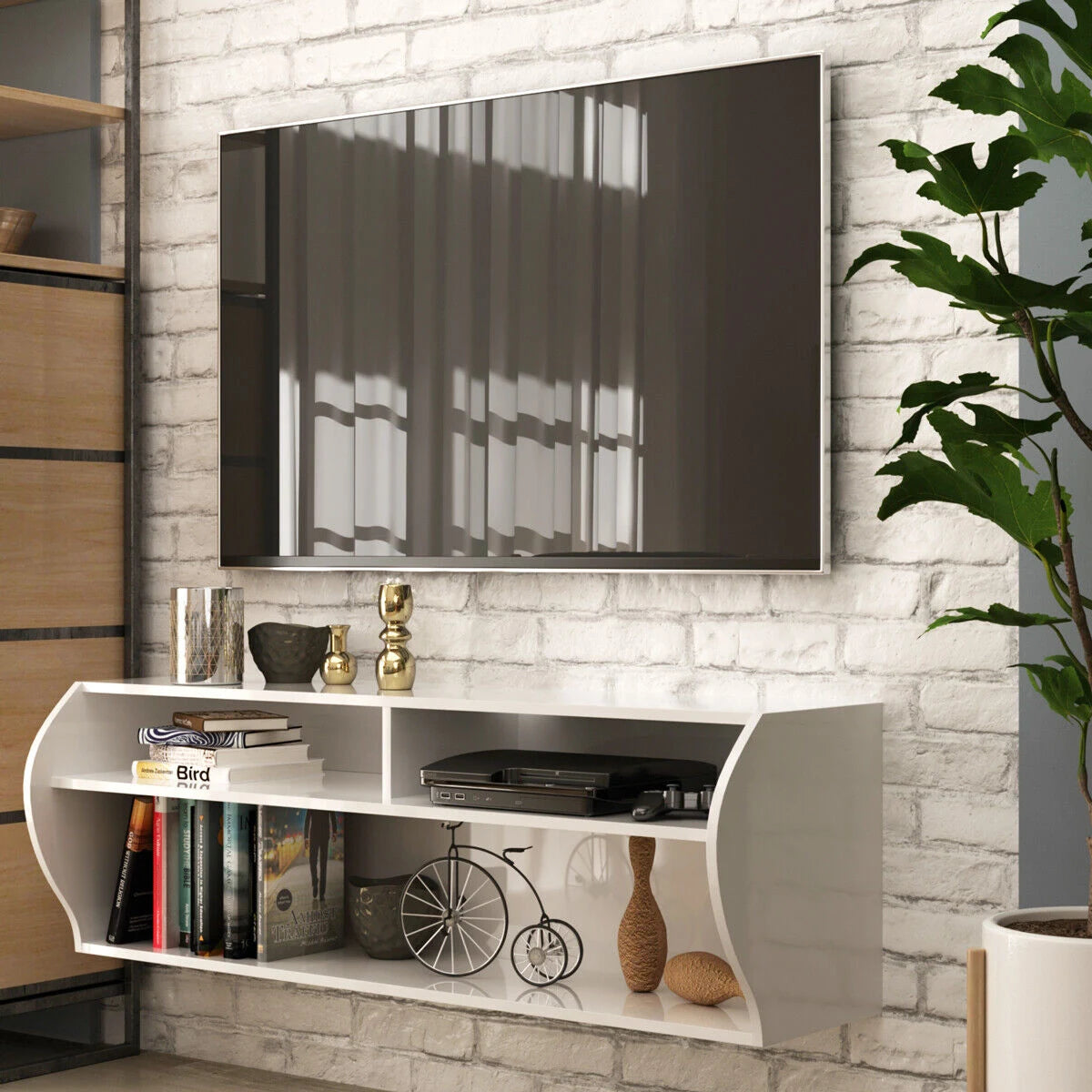 48.5 Inch 2 Tier Modern Wall Mounted Hanging Floating Shelf-White