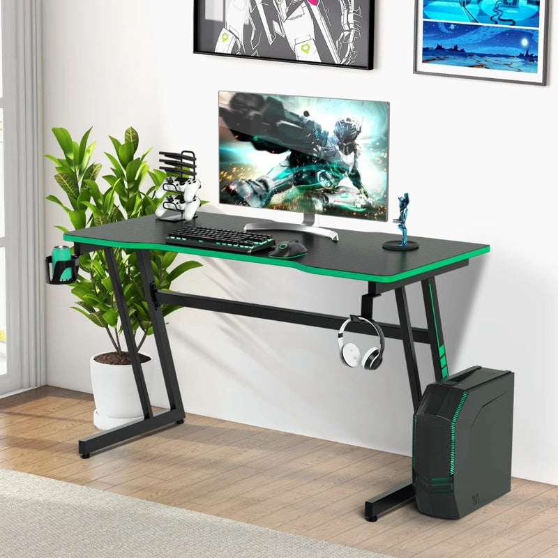 Z-Shaped Computer Desk with Headphone Hook and Cup Holder-Green