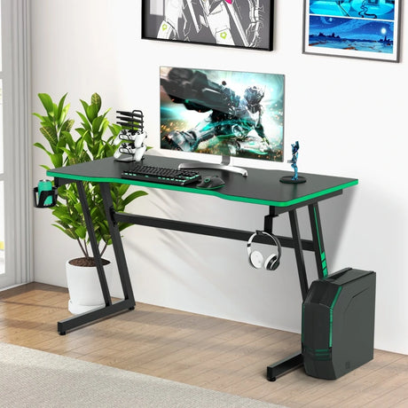Z-Shaped Computer Desk with Headphone Hook and Cup Holder-Green