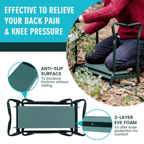 Foldable Gardener Stool with EVE Pad & Tool Bag for Outdoor Use