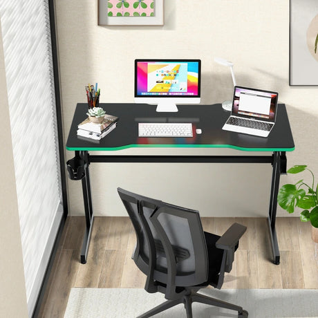 Z-Shaped Computer Desk with Headphone Hook and Cup Holder-Green