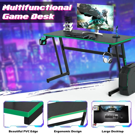 Z-Shaped Computer Desk with Headphone Hook and Cup Holder-Green