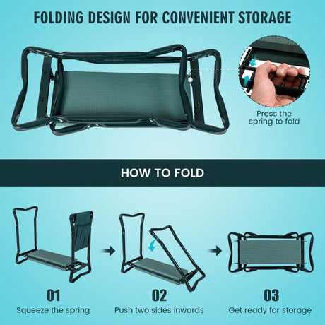 Foldable Gardener Stool with EVE Pad & Tool Bag for Outdoor Use