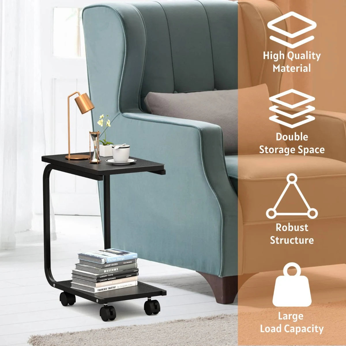 2-Tier Snack Stand Rolling Sofa Side Table