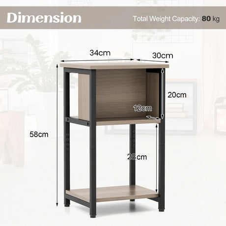3-Tier Nightstand with Storage Shelf for Small Spaces-Grey