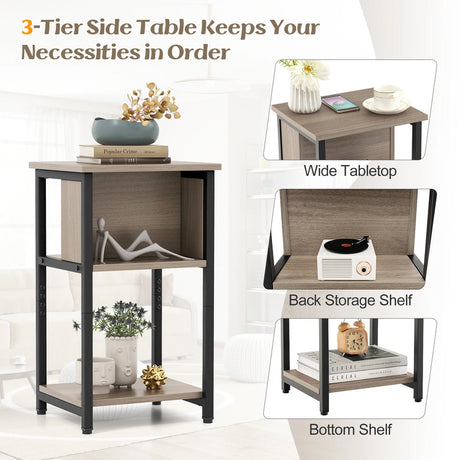 3-Tier Nightstand with Storage Shelf for Small Spaces-Grey