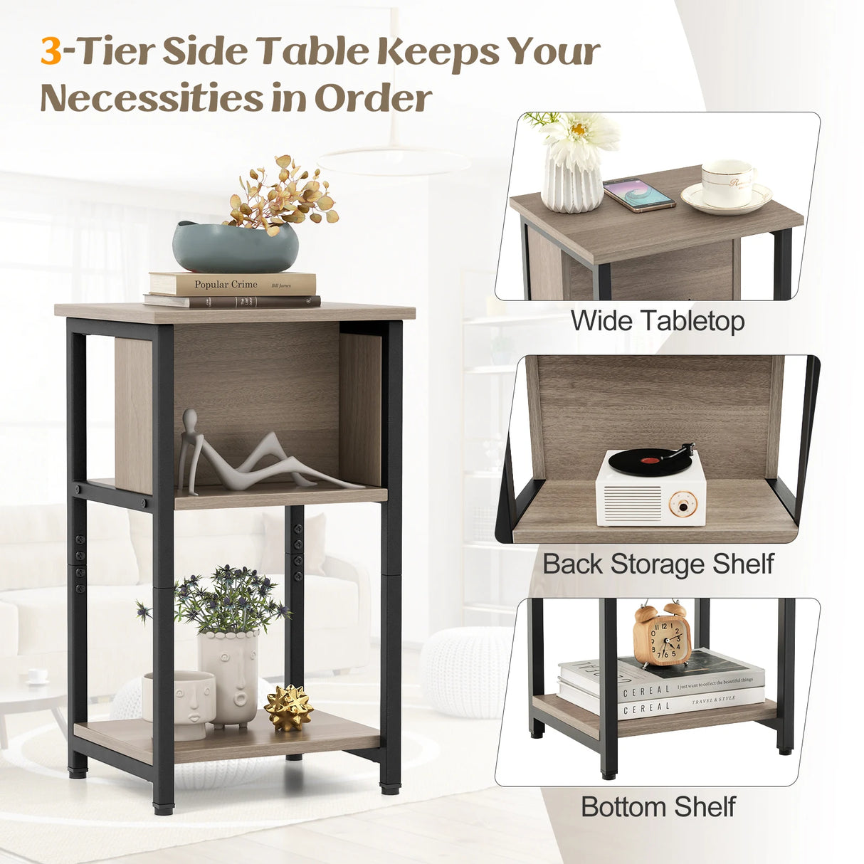 3-Tier Nightstand with Storage Shelf for Small Spaces-Grey