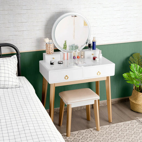 Modern Dressing Table with LED Mirror &amp; Cushioned Stool-White