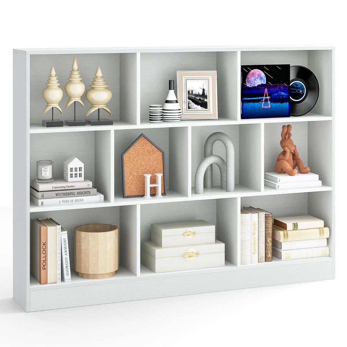 3-Tier Organizer 10-Cube Bookshelf 140CM Wood Display Shelf for Living Room-White