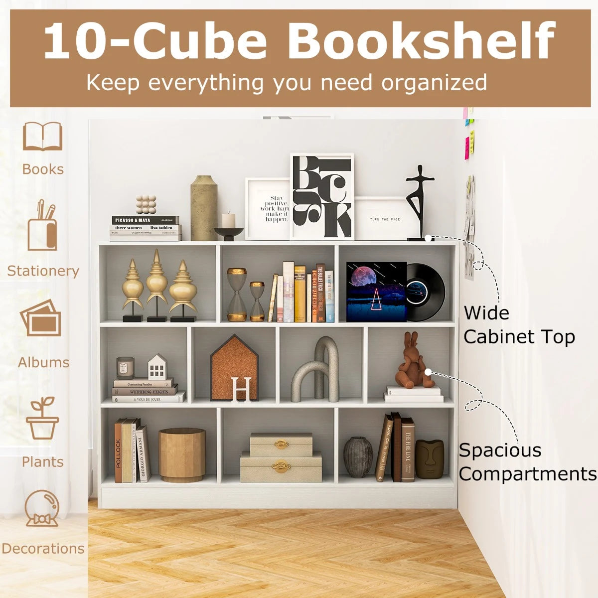 3-Tier Organizer 10-Cube Bookshelf 140CM Wood Display Shelf for Living Room-White