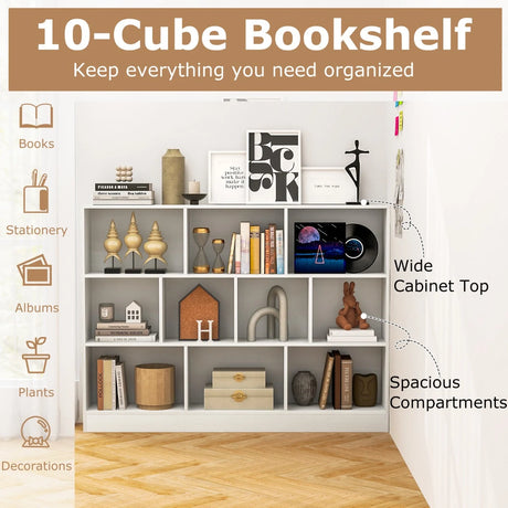 3-Tier Organizer 10-Cube Bookshelf 140CM Wood Display Shelf for Living Room-White