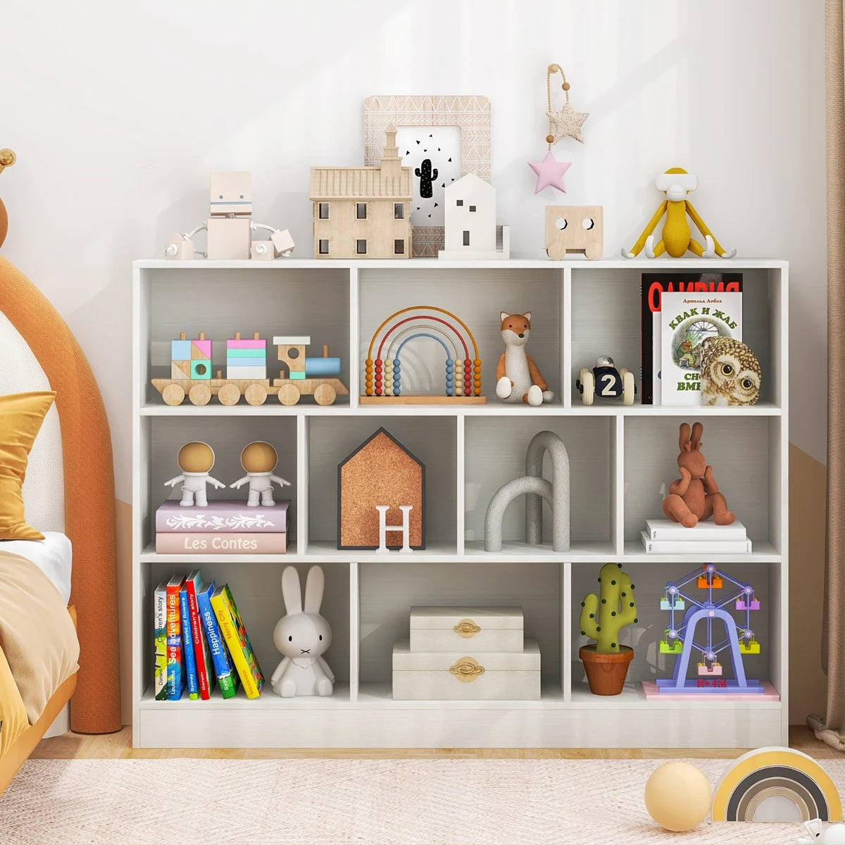 3-Tier Organizer 10-Cube Bookshelf 140CM Wood Display Shelf for Living Room-White
