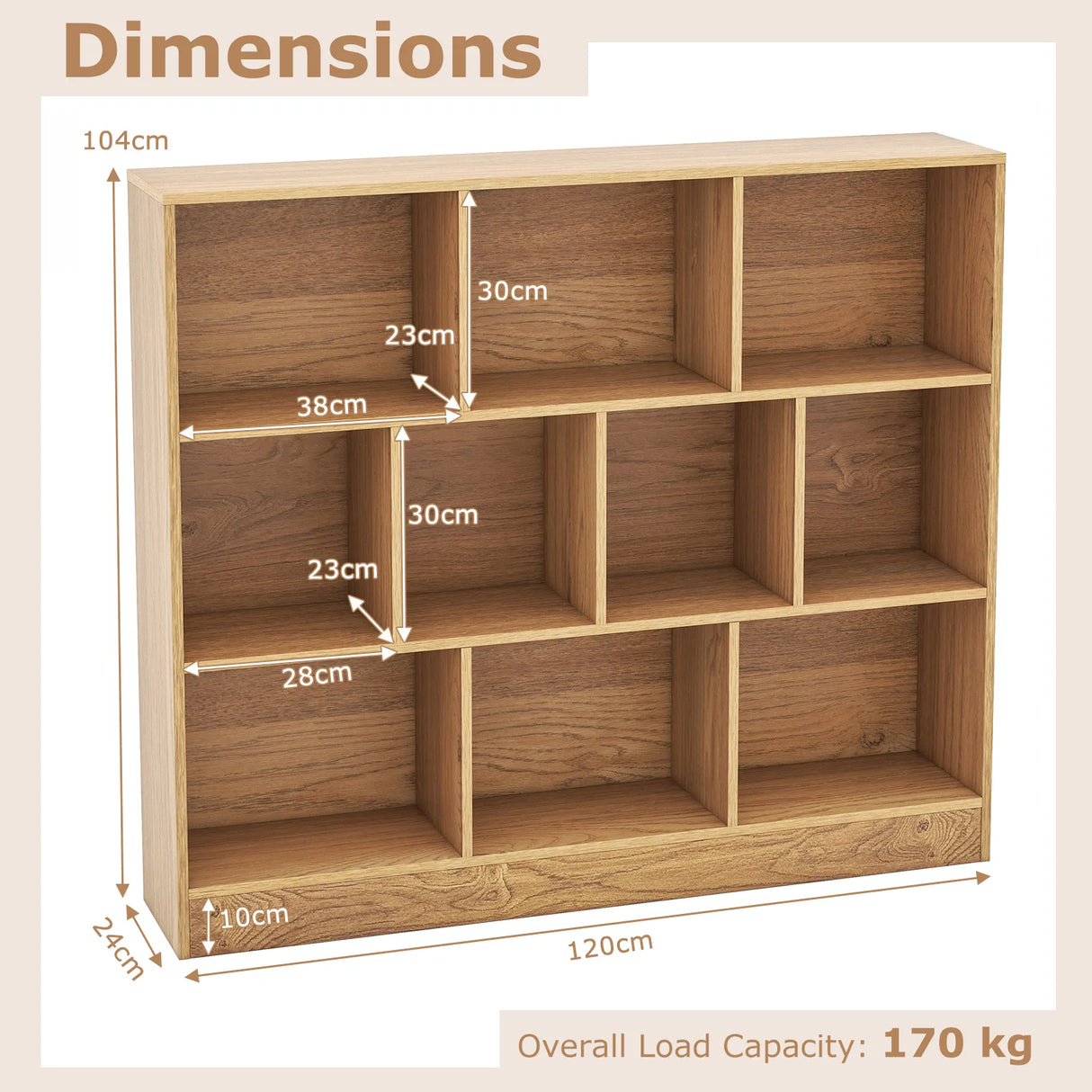 120 CM 10-Cube Freestanding Bookshelf with 2 Anti-Tipping Kits-Natural