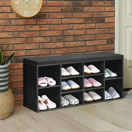10-Cube Organizer  Entryway Padded Shoe Storage Bench-Black