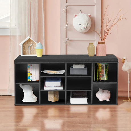 10-Cube Organizer  Entryway Padded Shoe Storage Bench-Black