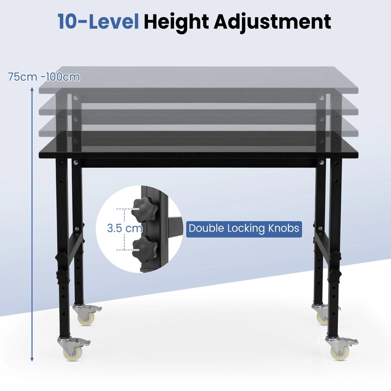 10 Level Height Adjustable Workbench with 4 Lockable Casters-Black