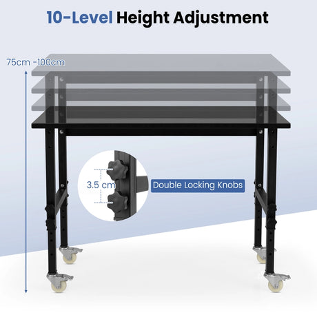 10 Level Height Adjustable Workbench with 4 Lockable Casters-Black