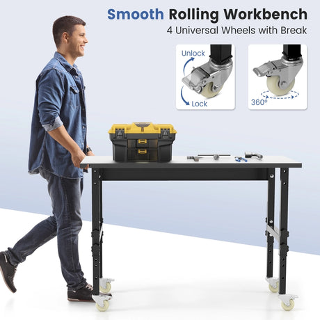 10 Level Height Adjustable Workbench with 4 Lockable Casters-Black
