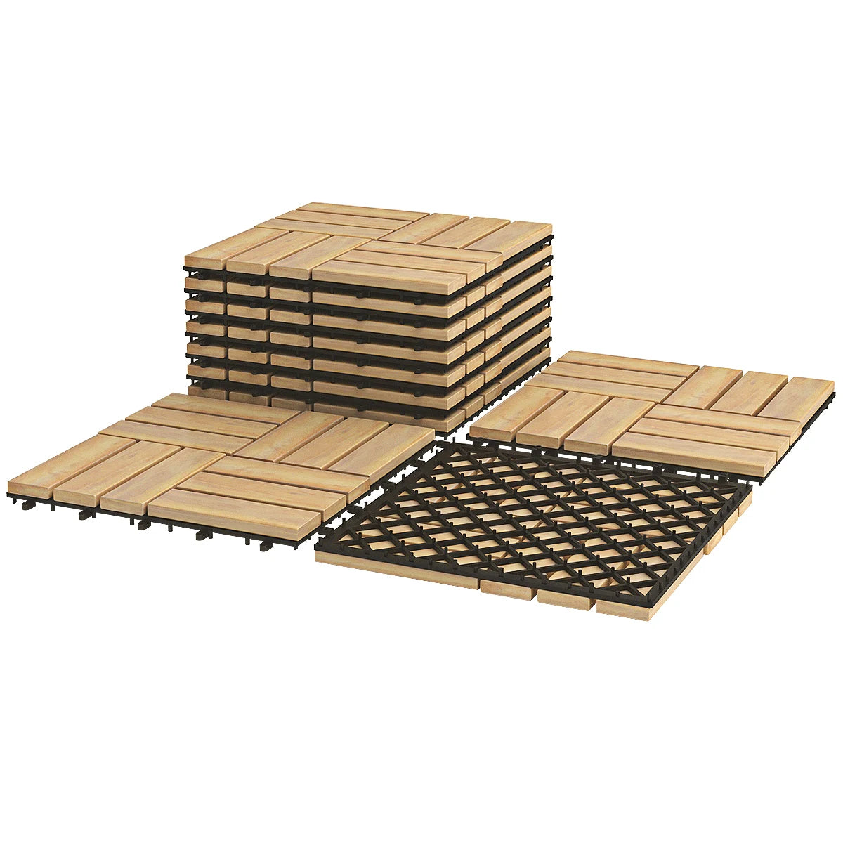 10 Pieces 12 x 12  Inch Acacia Wood  Interlocking Check Deck Tiles