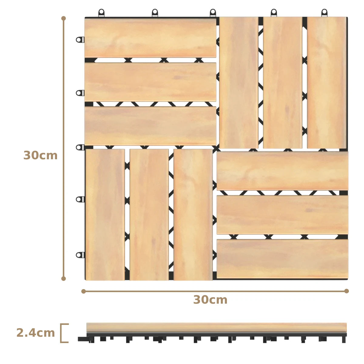 10 Pieces 12 x 12  Inch Acacia Wood  Interlocking Check Deck Tiles