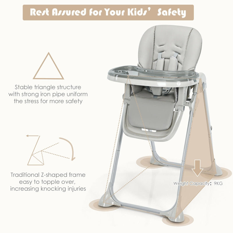 Baby Foldable Convertible High Chair with Adjustable Height Recline-Grey
