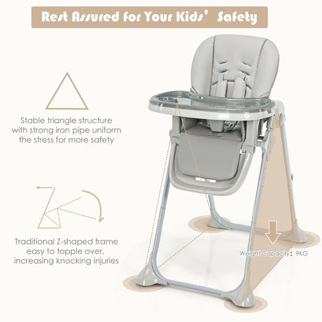 Baby Foldable Convertible High Chair with Adjustable Height Recline-Grey