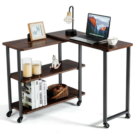 360 Rotating Sofa Side Table with Storage Shelves and Wheels-Walnut