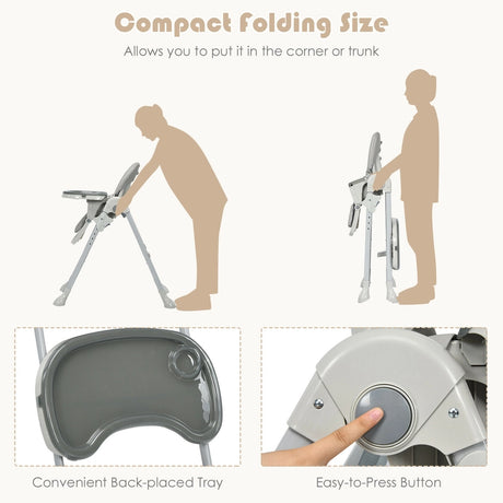 Baby Foldable Convertible High Chair with Adjustable Height Recline-Grey