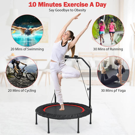 101 cm Mini Trampoline with 2 Resistance Bands and Adjustable Foam Handle-Red