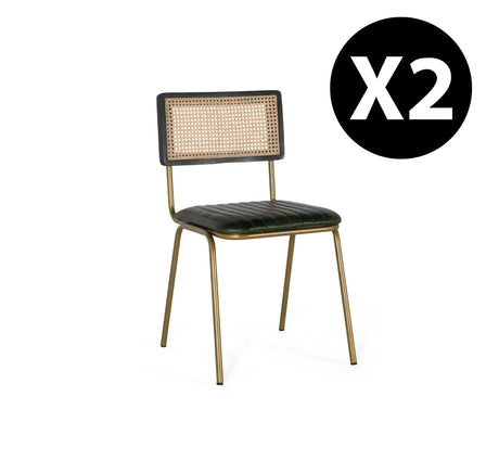 Giner and Colomer  Set Of 2 Dining Chairs With Leather Upholstery, Rattan Backrest & Metal Frame