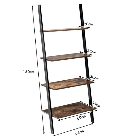 Multipurpose 4-Tier Industrial Leaning Wall Bookcase with Metal Frame-Brown