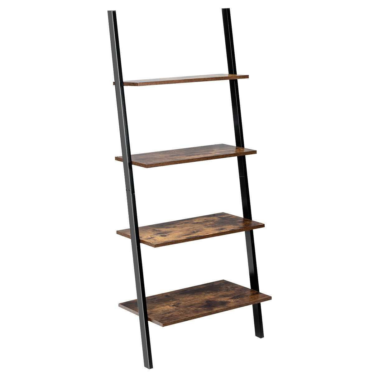 Multipurpose 4-Tier Industrial Leaning Wall Bookcase with Metal Frame-Brown