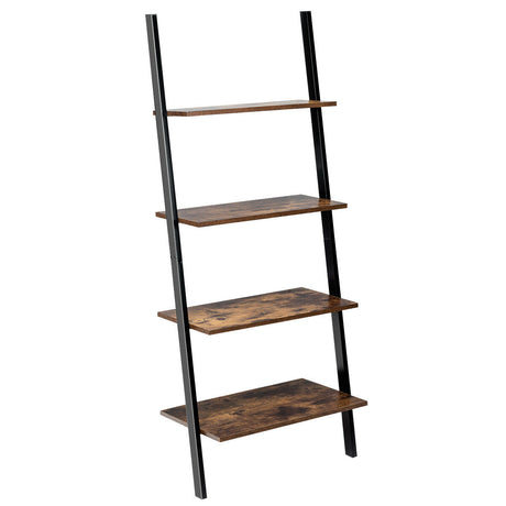 Multipurpose 4-Tier Industrial Leaning Wall Bookcase with Metal Frame-Brown