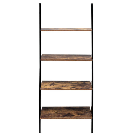 Multipurpose 4-Tier Industrial Leaning Wall Bookcase with Metal Frame-Brown