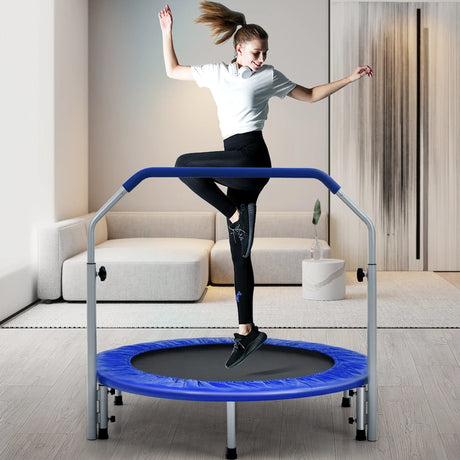 40 Inch Folding Exercise Trampoline Rebounder with 4-Level Handrail Carrying Bag-Blue