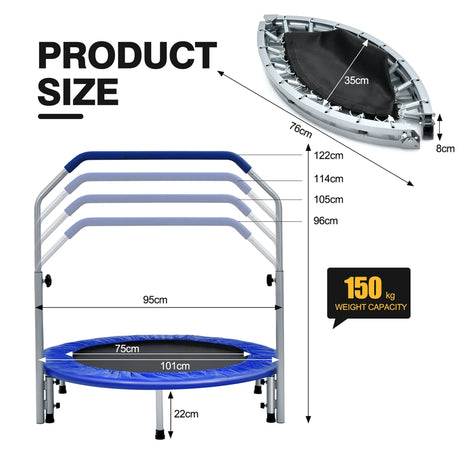 40 Inch Folding Exercise Trampoline Rebounder with 4-Level Handrail Carrying Bag-Blue