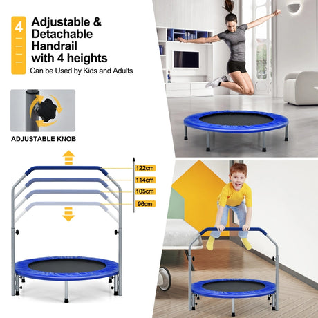 40 Inch Folding Exercise Trampoline Rebounder with 4-Level Handrail Carrying Bag-Blue