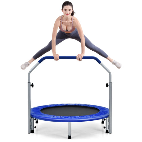 40 Inch Folding Exercise Trampoline Rebounder with 4-Level Handrail Carrying Bag-Blue