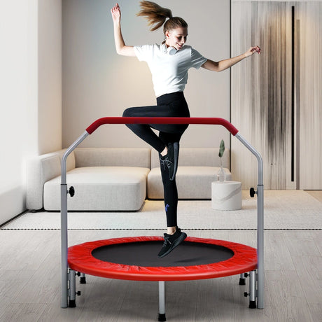 40 Inch Folding Exercise Trampoline Rebounder with 4-Level Handrail Carrying Bag-Red