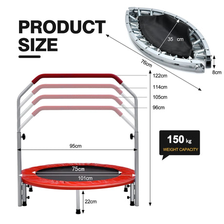 40 Inch Folding Exercise Trampoline Rebounder with 4-Level Handrail Carrying Bag-Red