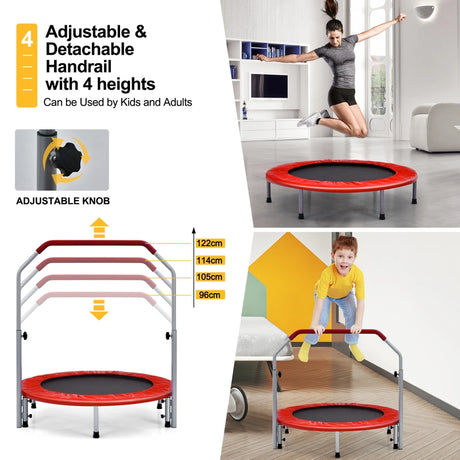 40 Inch Folding Exercise Trampoline Rebounder with 4-Level Handrail Carrying Bag-Red